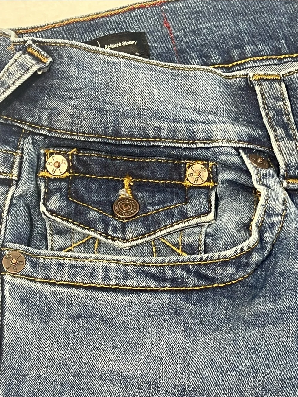 True Religion Mens Rocco Relaxed Skinny Jeans Blue Medium Wash Flap Pocket Sz 30